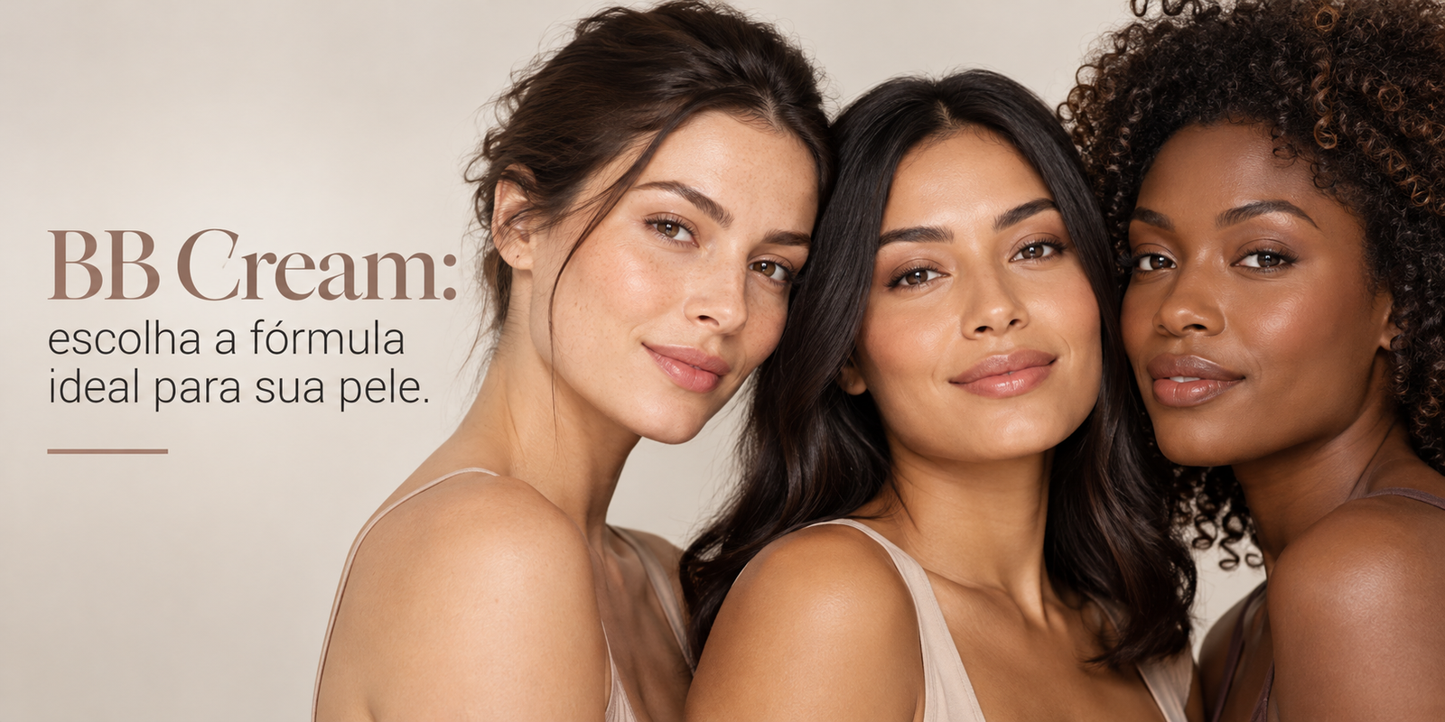 Três mulheres com diferentes tons de pele ilustrando como escolher BB Cream para cada tipo de pele.