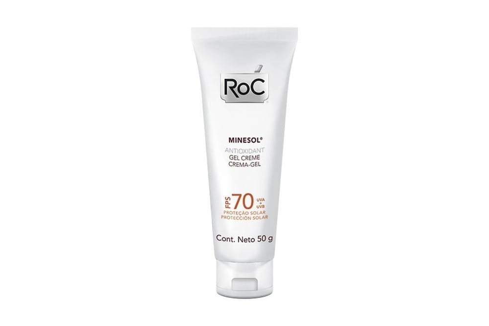 Antioxidante Roc com fator de proteção solar 70, para prevenir o fotoenvelhecimento. Ótimo entre os antioxidantes.