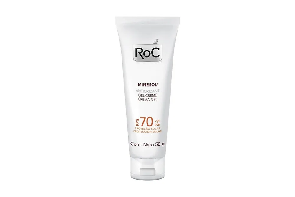 Antioxidante Roc com fator de proteção solar 70, para prevenir o fotoenvelhecimento. Ótimo entre os antioxidantes.